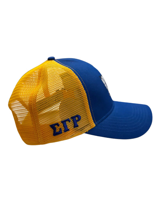 Blue and yellow cap with 'Sigma Gamma Rho' letters on a white background