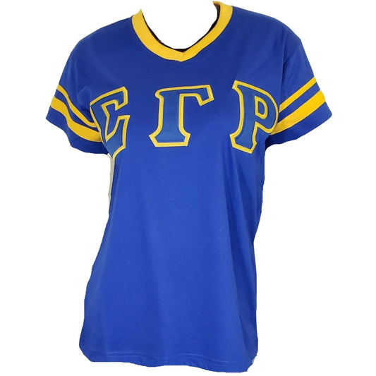 Blue t-shirt with yellow lettering on a white background