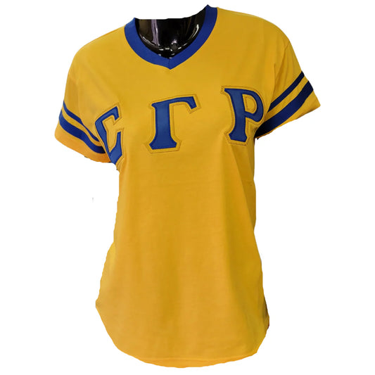 Yellow sports jersey with blue lettering on a white background