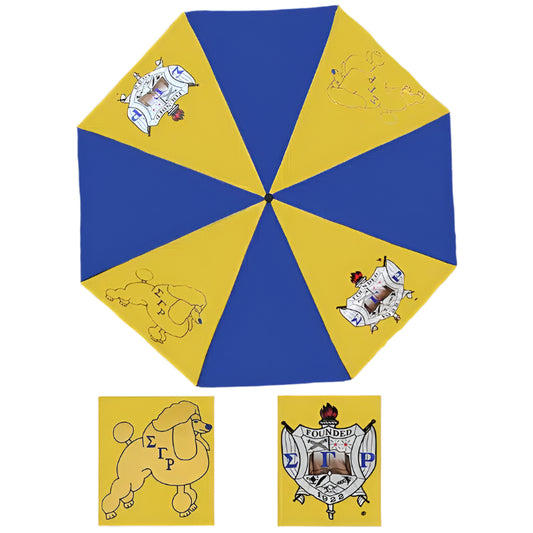 Blue and yellow umbrella with illustrations on a black background