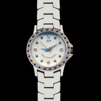 Silver watch with colorful gemstones on a black background