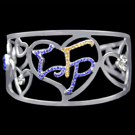 Decorative headband with 'TF' letters in blue and yellow on a black background