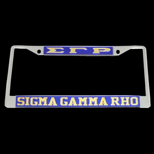 Sigma Gamma Rho license plate frame with blue and yellow text on a black background