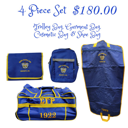Set of four blue bags with yellow accents and logos on a white background