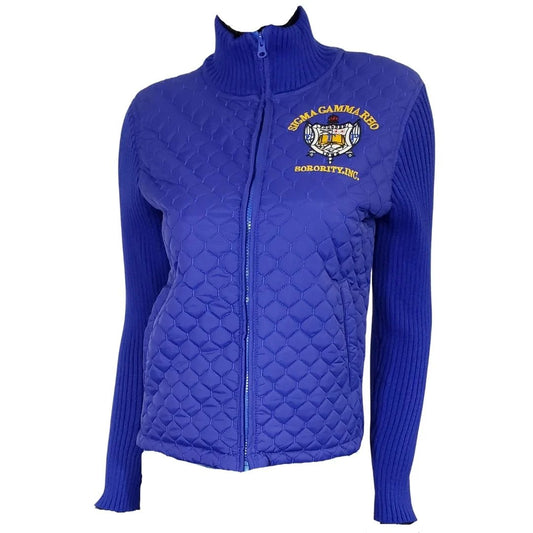Blue quilted jacket with an embroidered logo on a white background