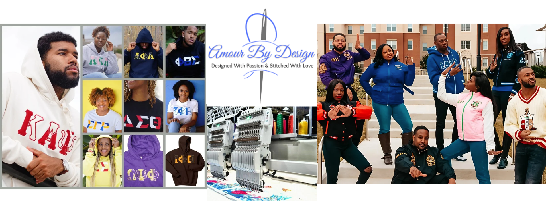 Collage of people wearing sweatshirts with 'Kappa' and 'Lambda' text, featuring 'Amour By Design' branding.