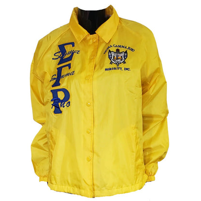 Yellow jacket with Sigma Gamma Rho sorority logos on a white background