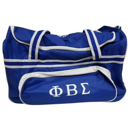Blue duffel bag with white lettering on a white background