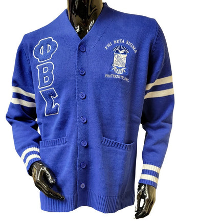 Blue cardigan with white lettering and emblem on a mannequin against a white background